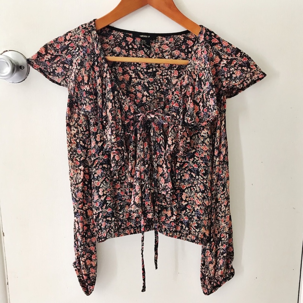 Forever 21 Womens Blouse Size S Black Pink Floral Crop Peasant Top Shirt